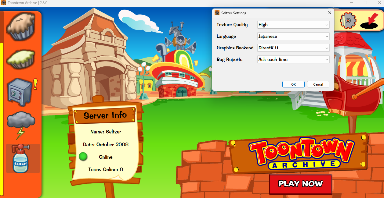 The Seltzer Settings window in the Toontown Archive launcher, showing Texture Quality, Language, Graphics Backend and Bug Reports