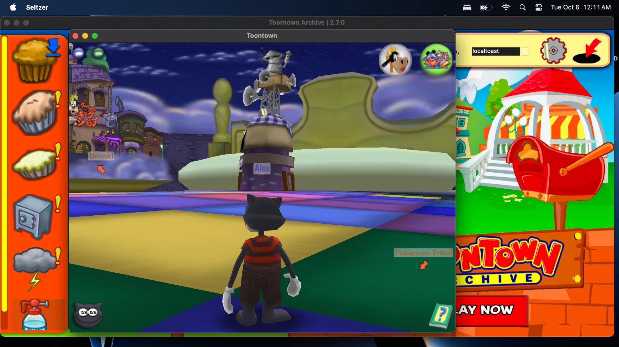 Seltzer running on macOS in front of the Toontown Archive launcher