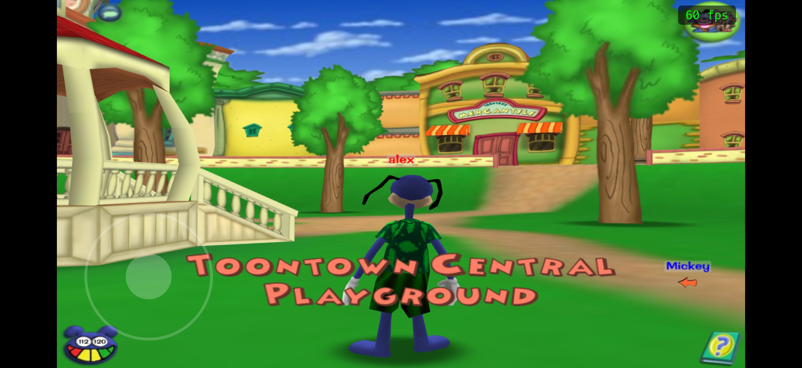 Muffin running on a phone in the Toontown Central Playground, with the on-screen joystick