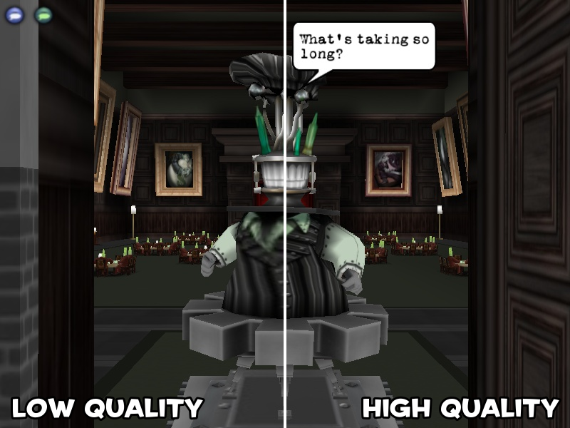 Side-by-side comparison of a Bossbot in Seltzer at Low and High texture quality
