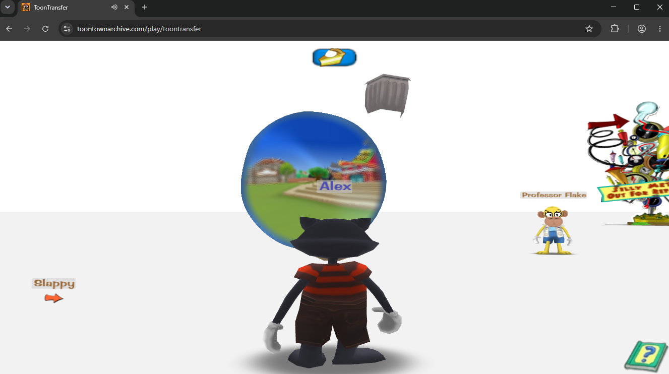 A Toon standing in front of an open portal in the Void Zone, playing ToonTransfer in a web browser